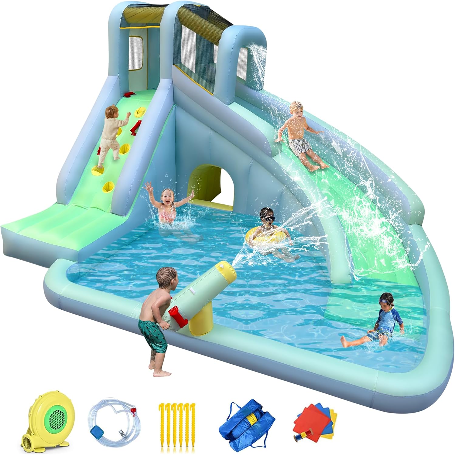 Kids Outdoor Climbing Wall - 6-in-1 Opblaasbaar Kinderen Springkasteel Waterpark, 550W