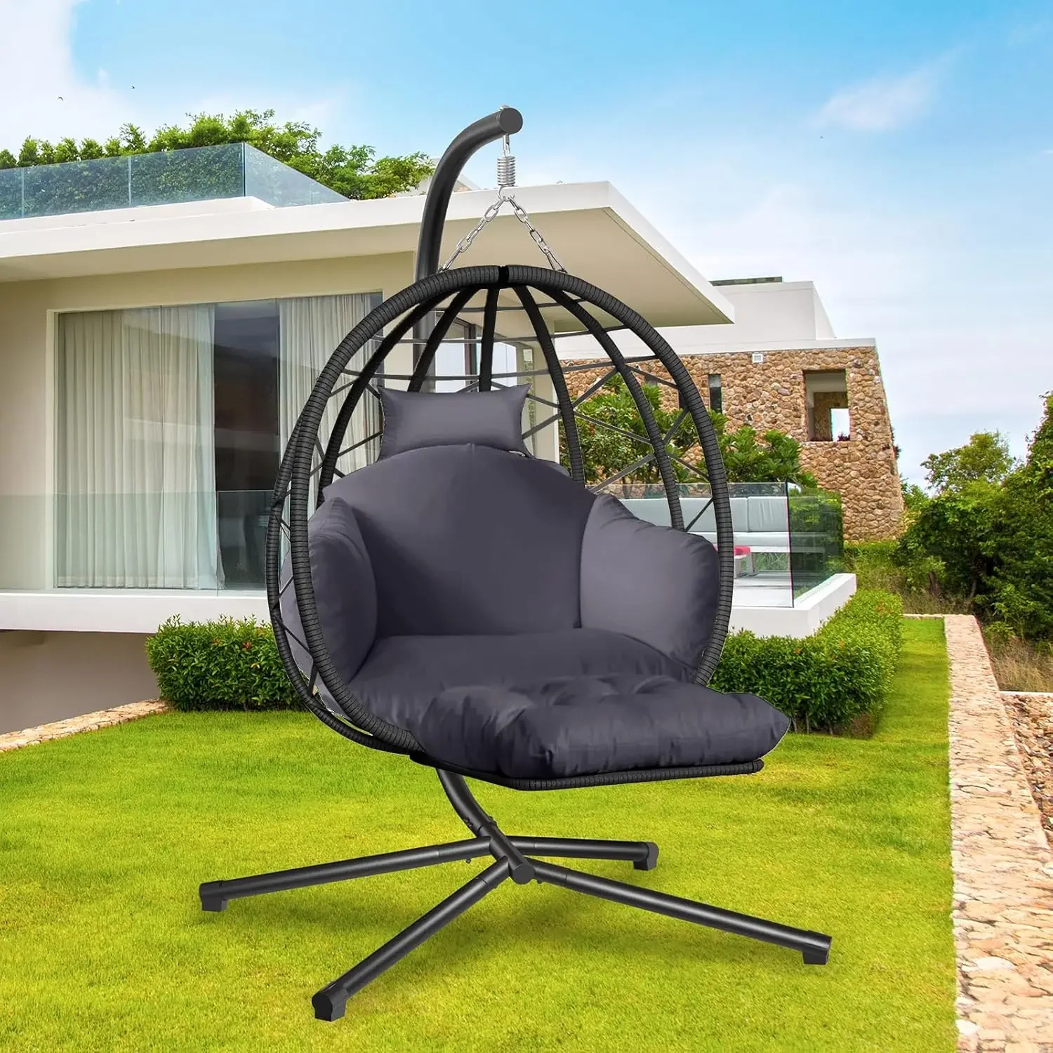 Kids Outdoor Egg Chair - Hangende eierschaalstoel met standaard en beensteun,