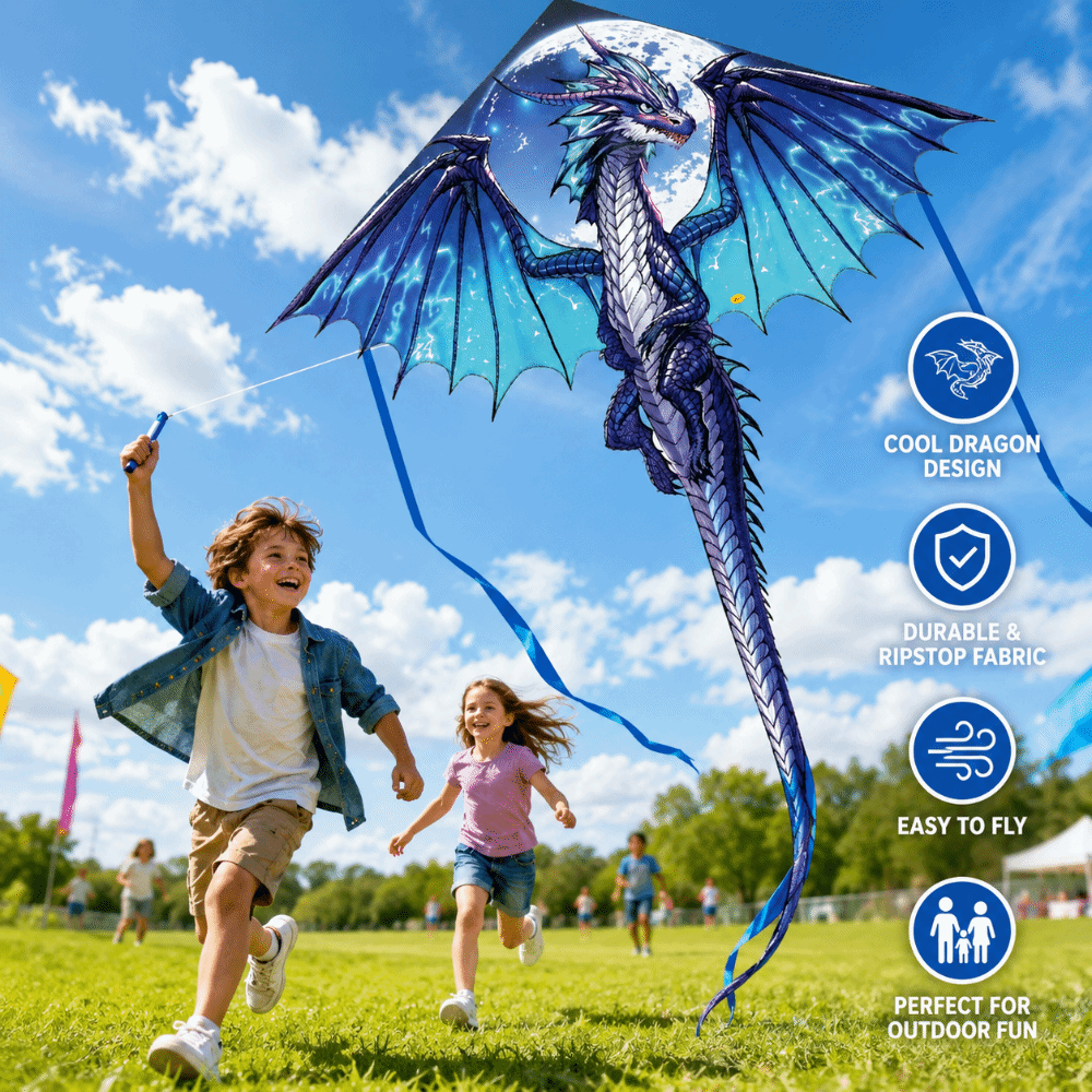 Kite Easy Fly Kids - Luchtdraak Blauwe Draak Vlieger met 100