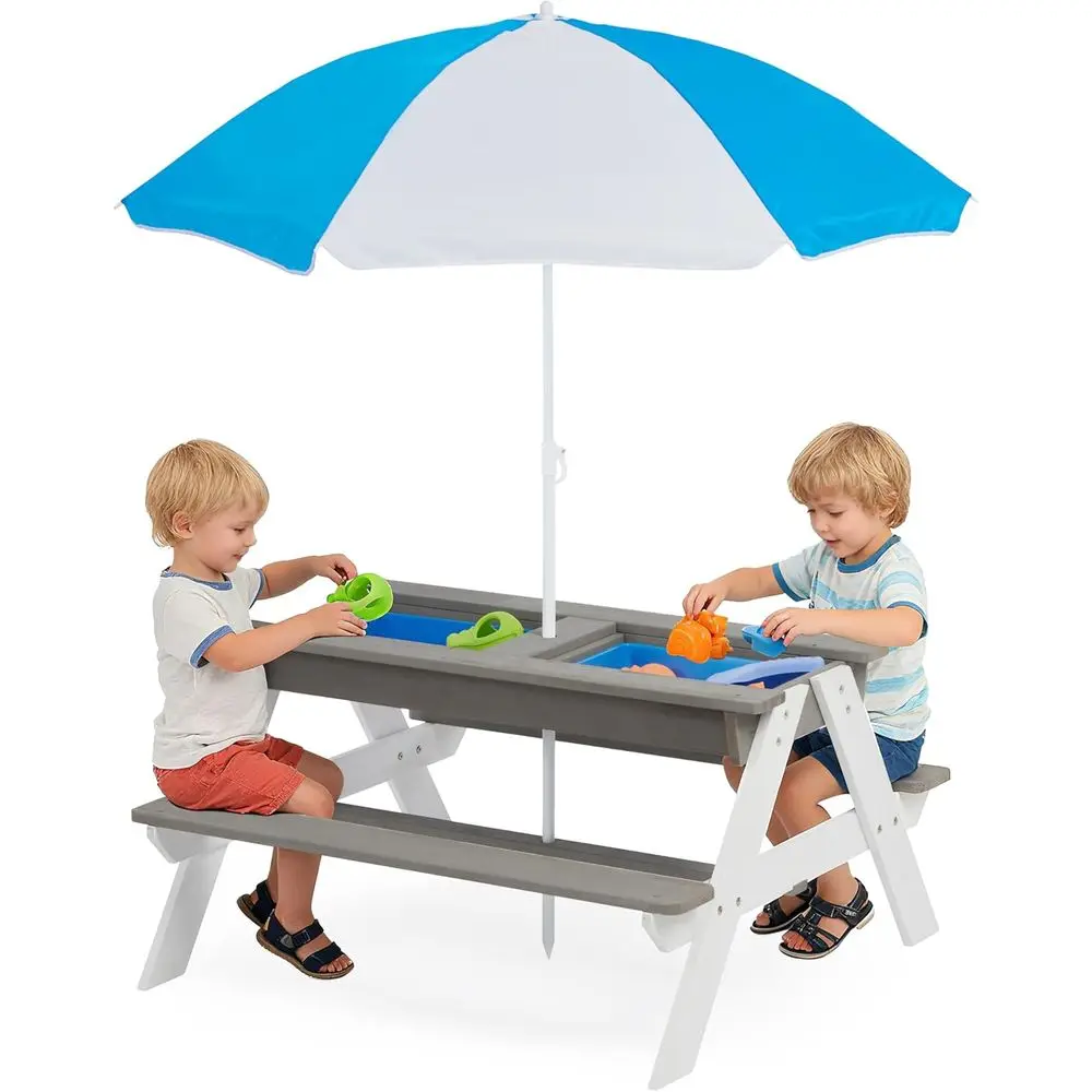 Kids Outdoor Water Play Table - Ombouwbare 3-in-1 houten picknicktafel voor kinderen,