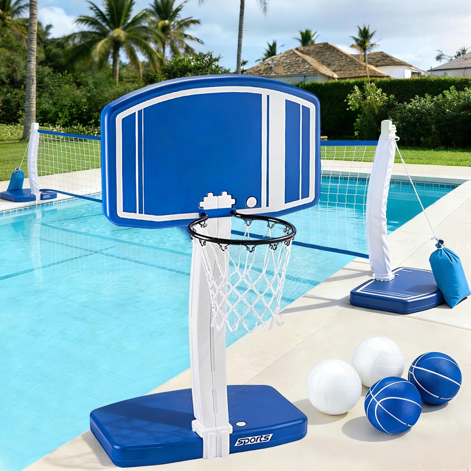 Outdoor Toys For Kids - Bovengrondse zwembad basketbalring en volleybalnet 2-in-1,